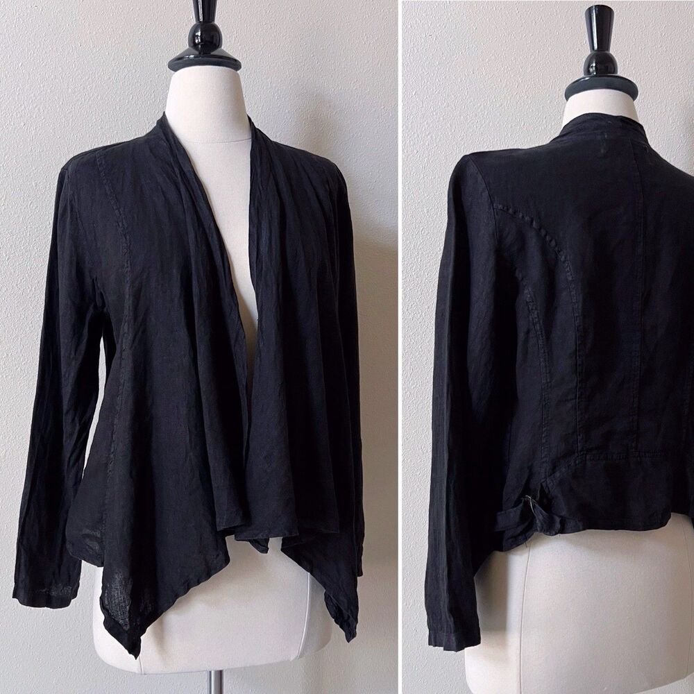 Tempo Paris 100% Linen Jacket Medium Black Asymmetrical Hem Open Front Italy